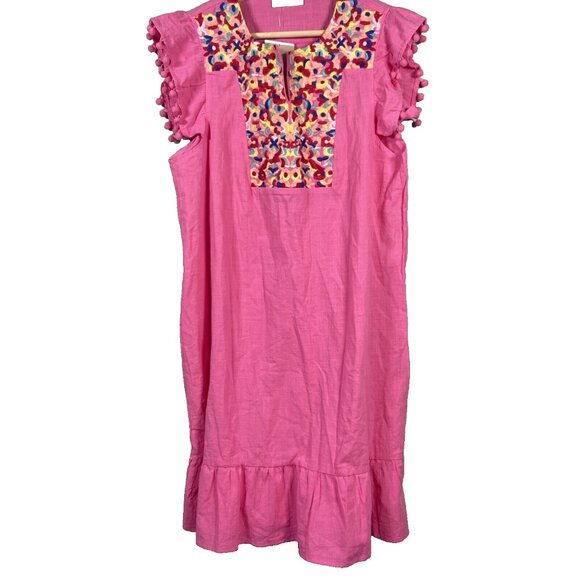 KIRUNDO Women's L Floral Embroidered Ruffle Shift Flowy Boho Mini Dress Mexican - Picture 1 of 15